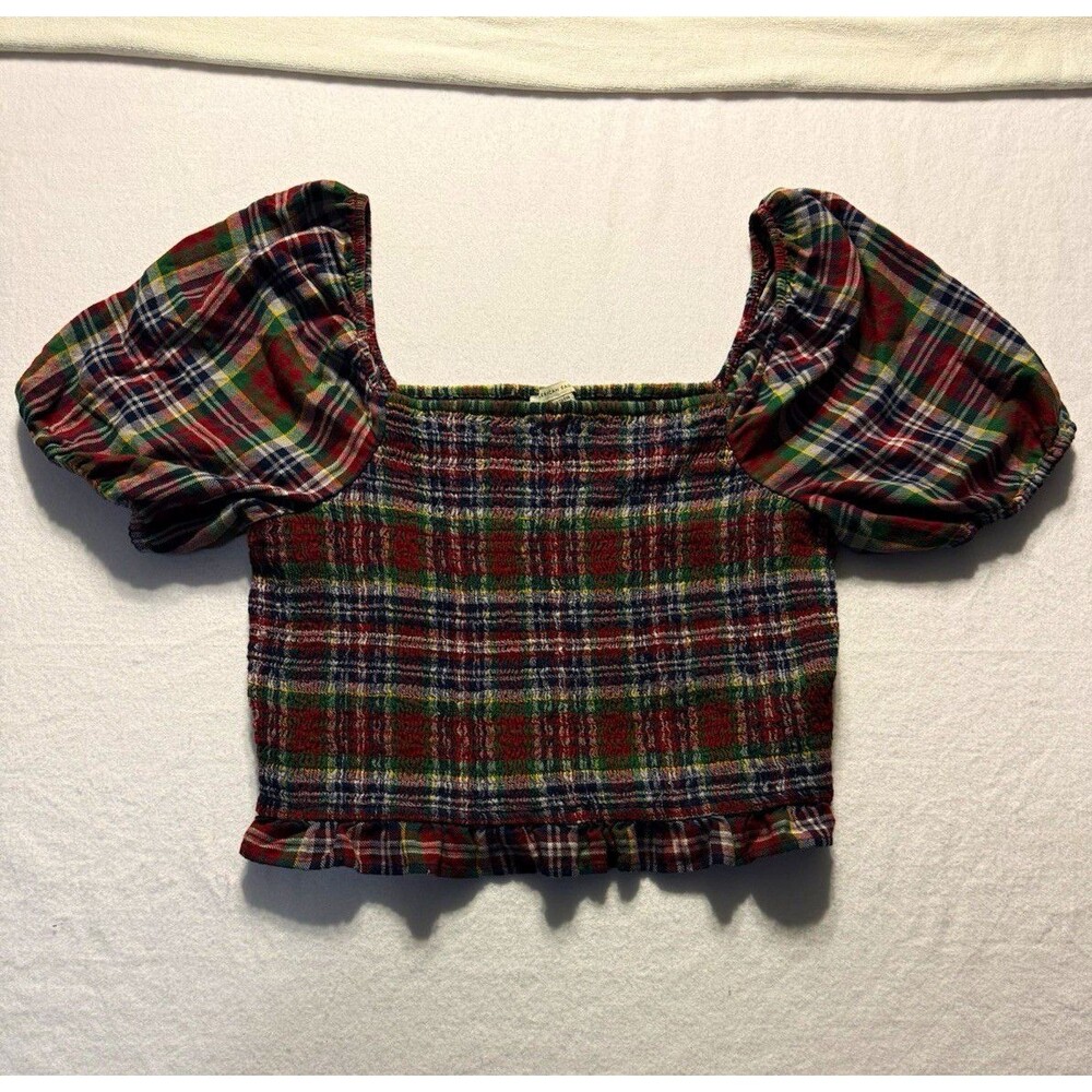 American Eagle XL Plaid Smocked Puff Sleeve Crop Top Tartan Holiday Cottagecore